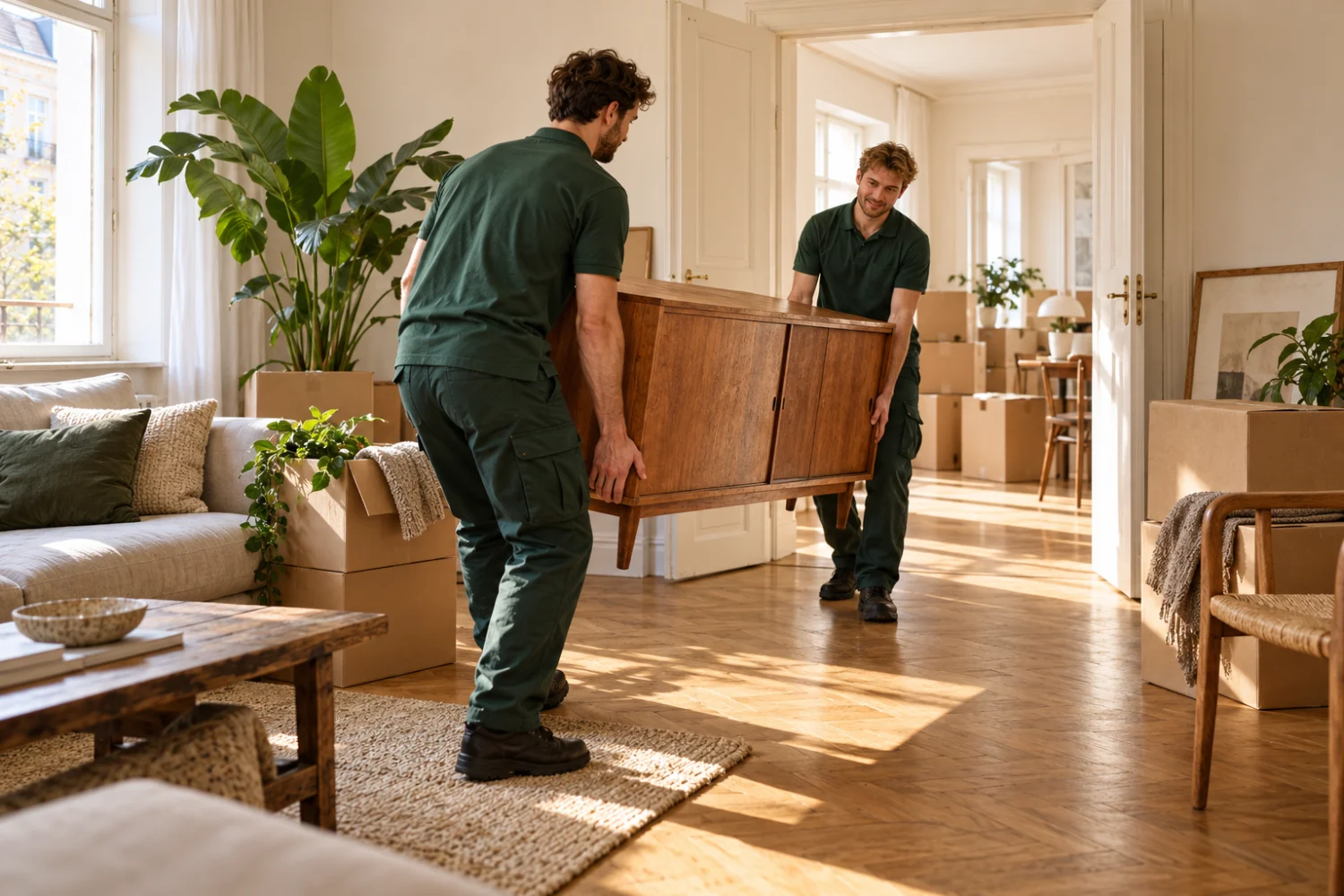 Möbelpacker räumen gemeinsam einen hellen Wohnraum