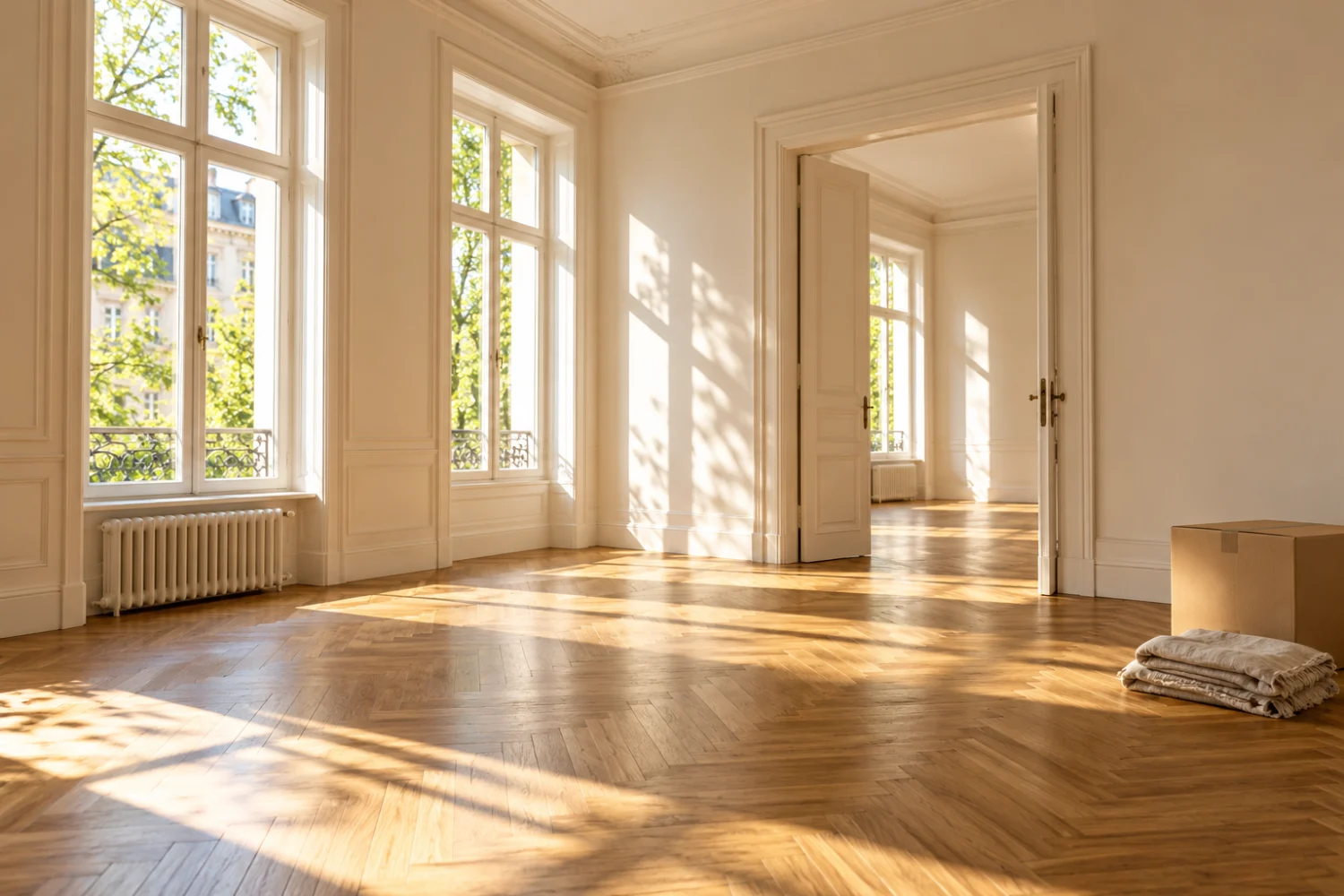 Helle geräumte Wohnung mit warmem Holzboden und Umzugskarton